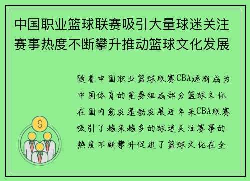 中国职业篮球联赛吸引大量球迷关注赛事热度不断攀升推动篮球文化发展